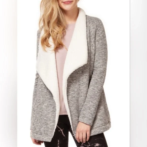 Ann Taylor LOFT Sherpa Lined Fly Away Open Front Jacket Cardigan Gray Medium - Picture 1 of 8